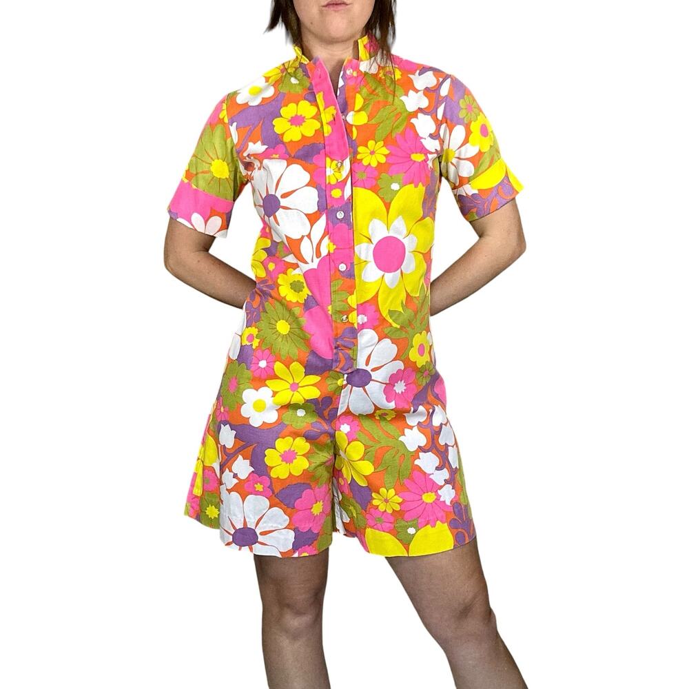 Vintage 1960s Lady Wrangler Floral Canvas Romper Jumpsuit Mod Pink Yellow - Picture 13 of 13